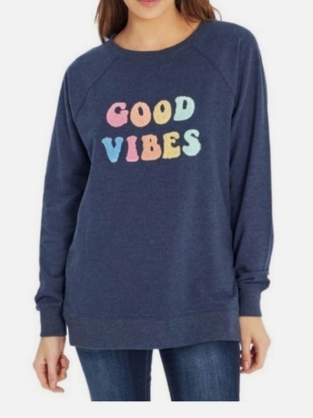 Wildfox Navy 'Good Vibes' Crewneck Sweatshirt with Pastel Lettering